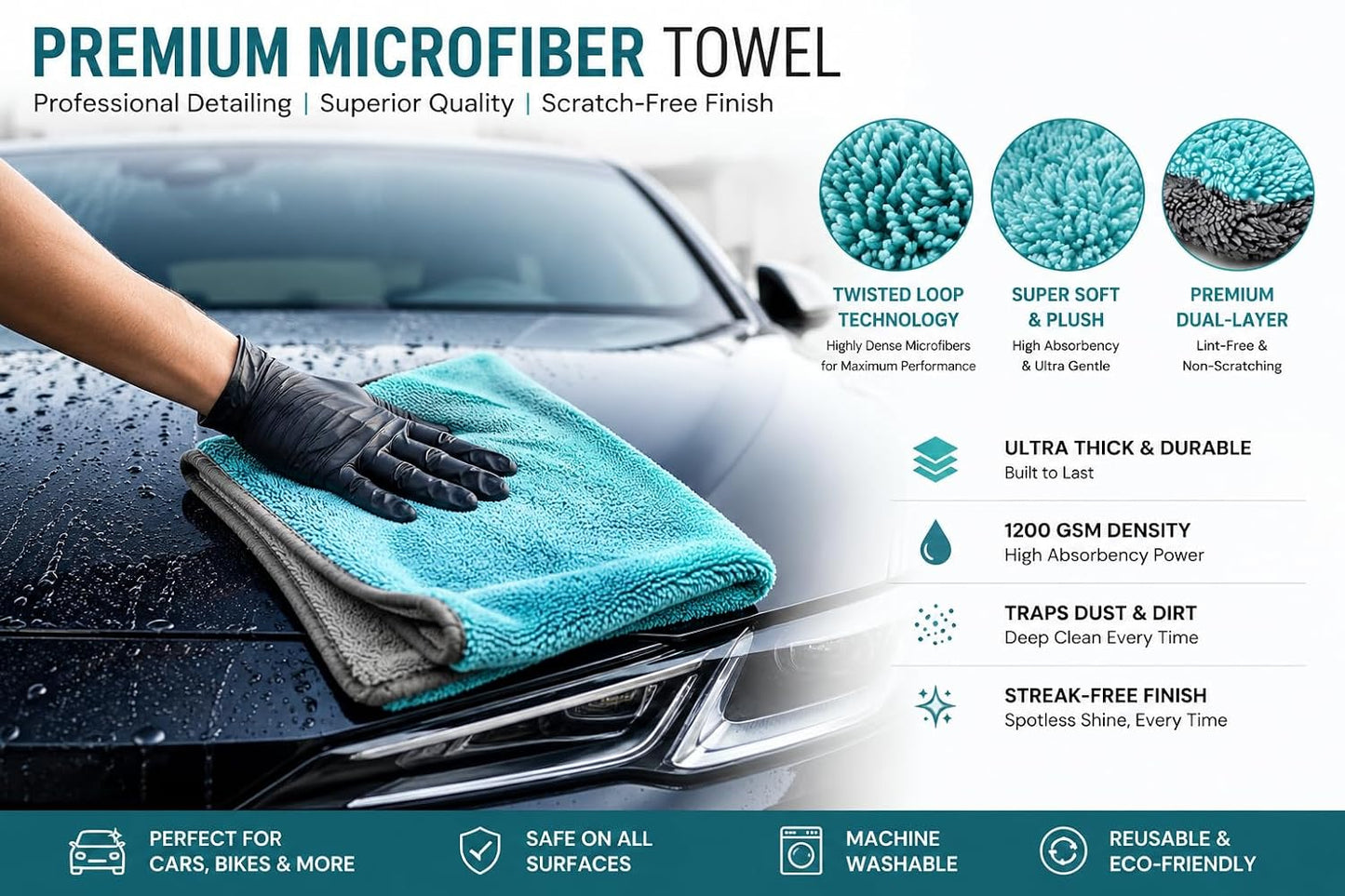 Microfiber Cloth for Car Cleaning Washing & Detailing – 1200 GSM Twisted Loop, 60x40 cm, Edgeless High Absorbent Quick Drying Towel | Lint Free, Dual Sided | Car, Bike & Home Use – 1 Pcs