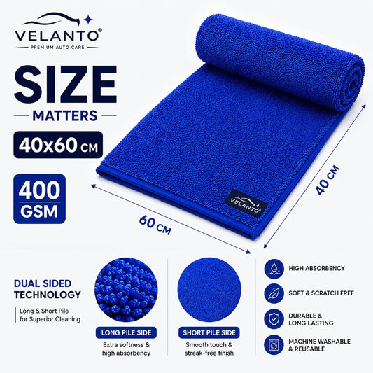 Microfiber Cleaning Cloth for Car Cleaning, Kitchen & Home | 400 GSM Premium Dual Sided Towel | Long & Short Pile | Super Absorbent, Streak Free, Scratch Free | 40x60 cm | Pack of 2