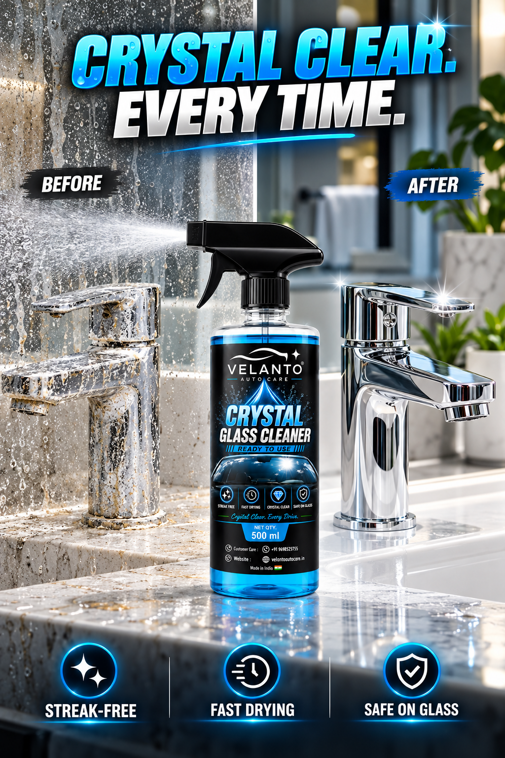 VELANTO Crystal Glass & Screen Cleaner – 500ml - Buy 1 Get 1